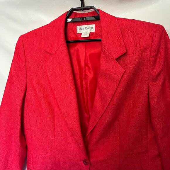 Vintage Hillary Charles 100% Silk Womens Blazer Jacket Red One Button Tweed USA - Picture 2 of 12
